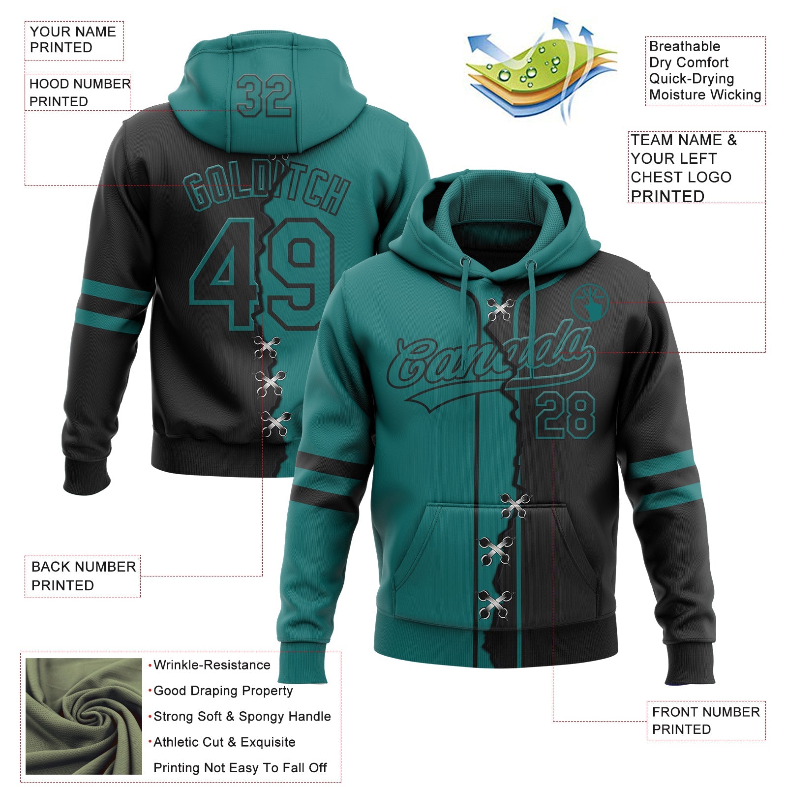 Custom Black Teal Split Ripped Pattern Baseball Pullover Sweatshirt Hoodie
