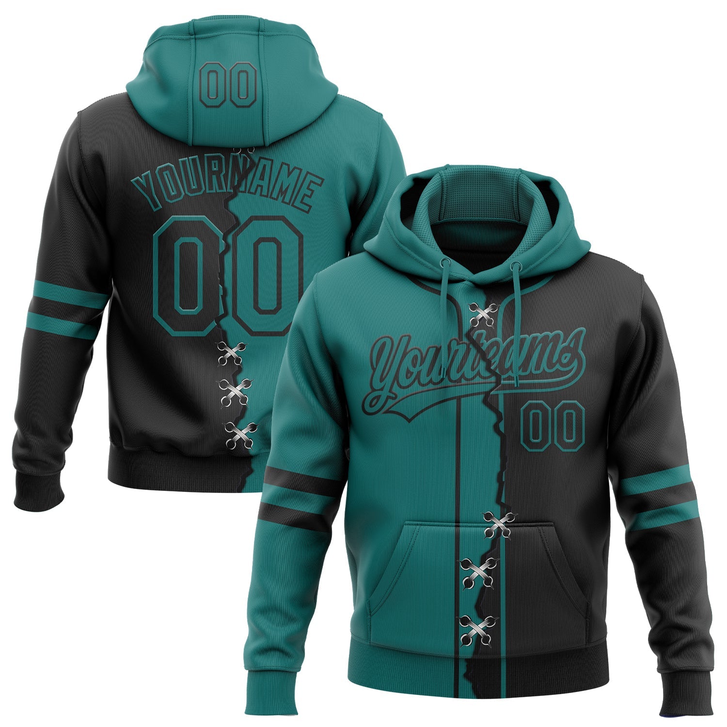 Custom Black Teal Split Ripped Pattern Baseball Pullover Sweatshirt Hoodie