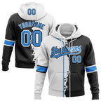 Custom Black Powder Blue-White Split Ripped Pattern Baseball Pullover Sweatshirt Hoodie