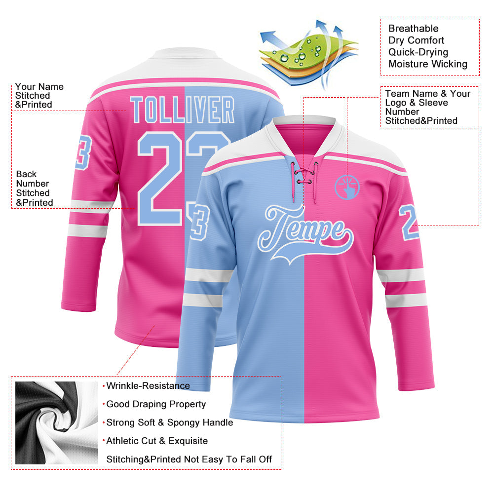 Custom Pink Light Blue-White Split Fashion Hockey Lace Neck Jersey