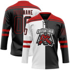 Custom Black Red-White Split Fashion Hockey Lace Neck Jersey