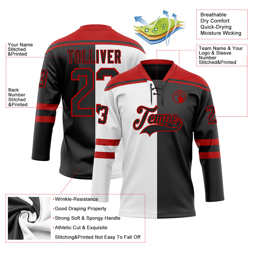 Custom Black Red-White Split Fashion Hockey Lace Neck Jersey