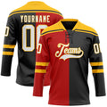 Custom Black White Red-Gold Split Fashion Hockey Lace Neck Jersey