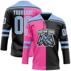 Custom Black Light Blue Pink-White Split Fashion Hockey Lace Neck Jersey