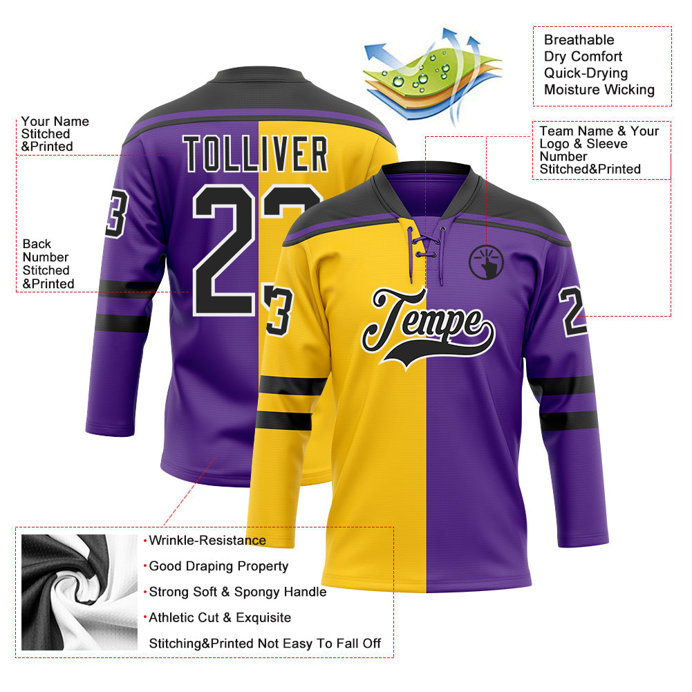 Custom Purple Black Yellow-White Split Fashion Hockey Lace Neck Jersey