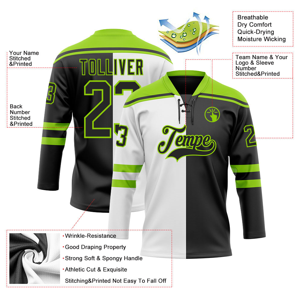 Custom Black Neon Green-White Split Fashion Hockey Lace Neck Jersey