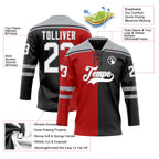 Custom Black White Red-Gray Split Fashion Hockey Lace Neck Jersey