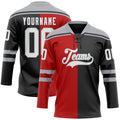 Custom Black White Red-Gray Split Fashion Hockey Lace Neck Jersey