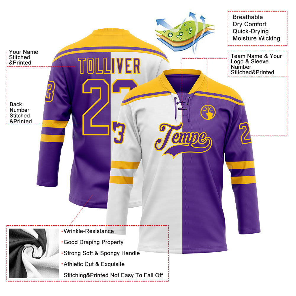 Custom Purple Gold-White Split Fashion Hockey Lace Neck Jersey