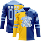 Custom Royal Light Blue Yellow-White Split Fashion Hockey Lace Neck Jersey