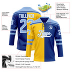 Custom Royal Light Blue Yellow-White Split Fashion Hockey Lace Neck Jersey