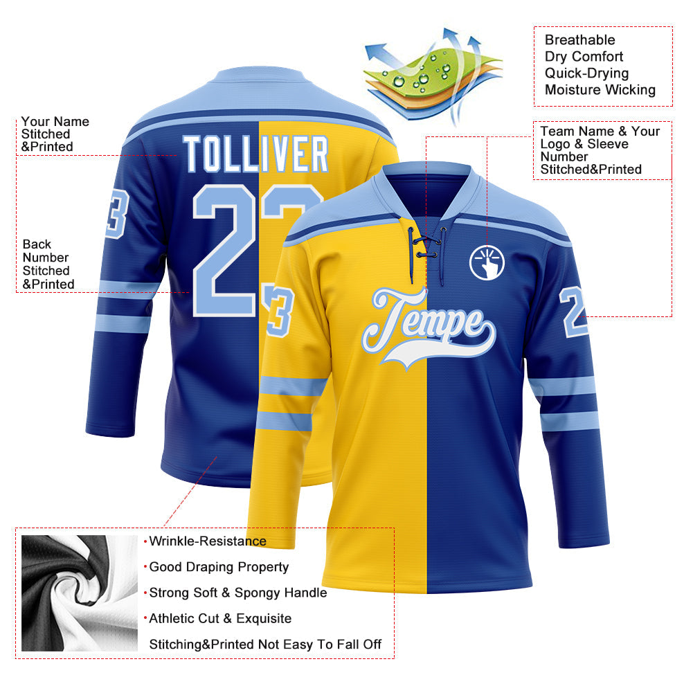 Custom Royal Light Blue Yellow-White Split Fashion Hockey Lace Neck Jersey