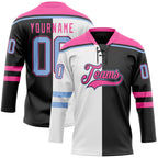 Custom Black Light Blue Pink-White Split Fashion Hockey Lace Neck Jersey