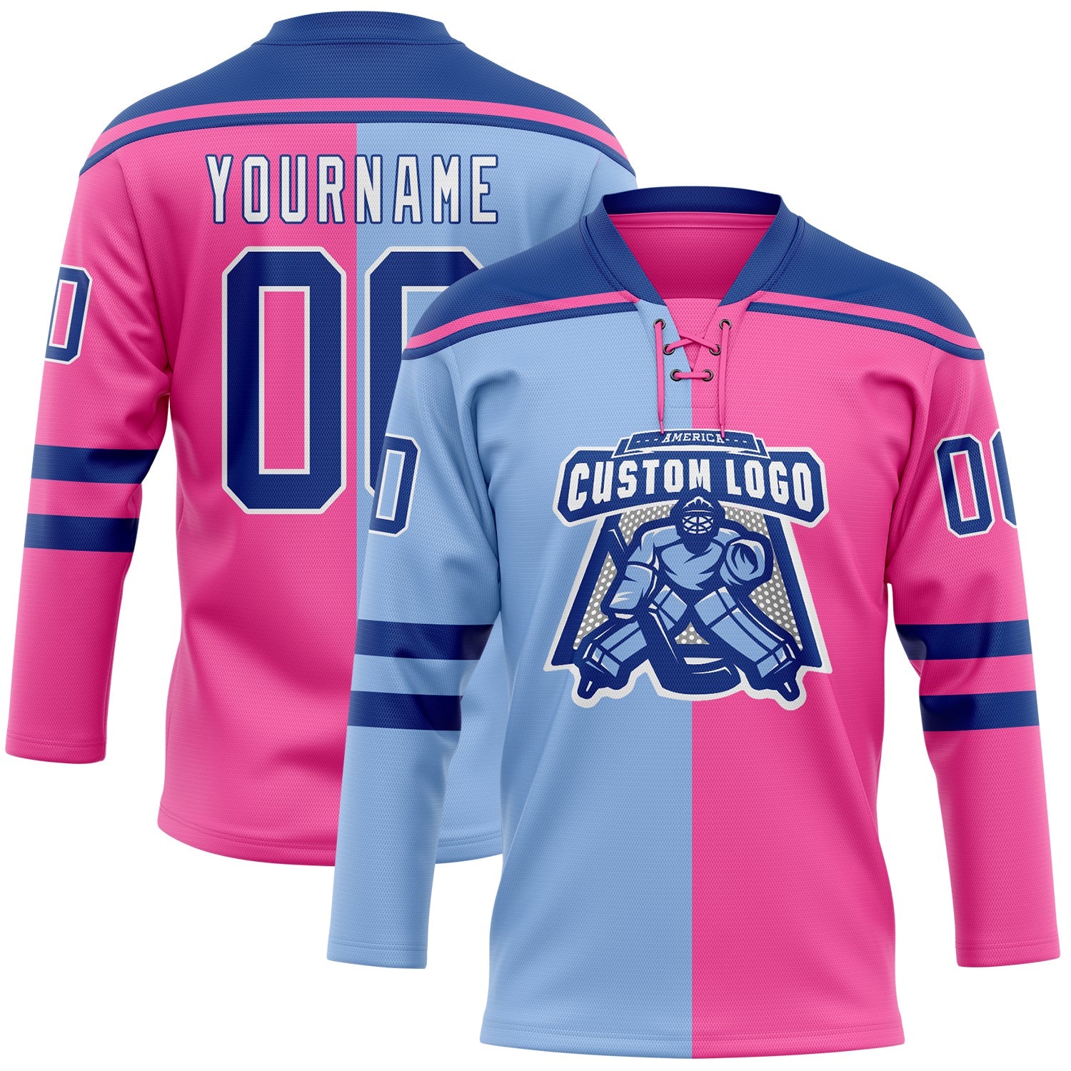Custom Pink Royal Light Blue-White Split Fashion Hockey Lace Neck Jersey