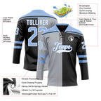 Custom Black Light Blue Gray-White Split Fashion Hockey Lace Neck Jersey