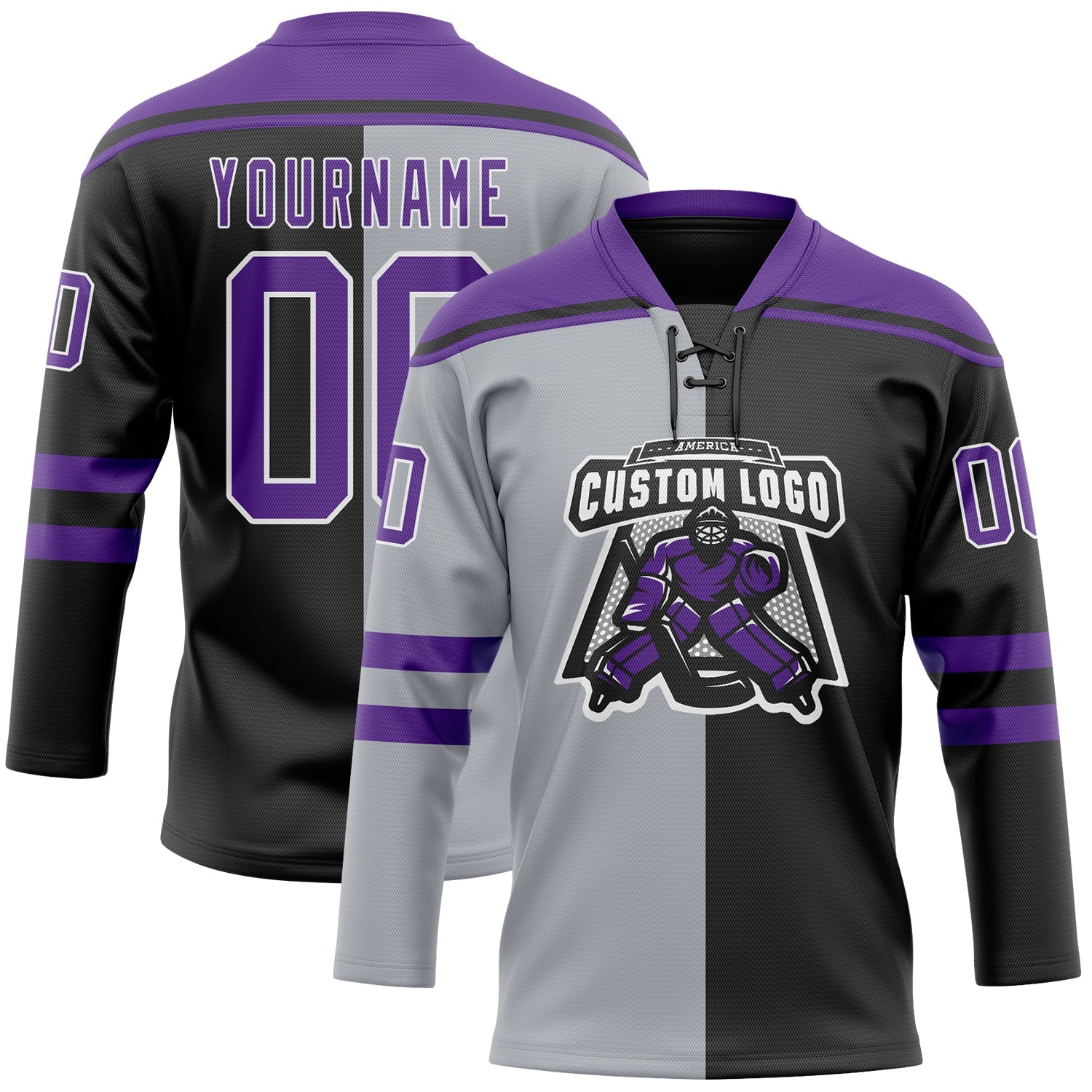 Custom Black Purple Gray-White Split Fashion Hockey Lace Neck Jersey