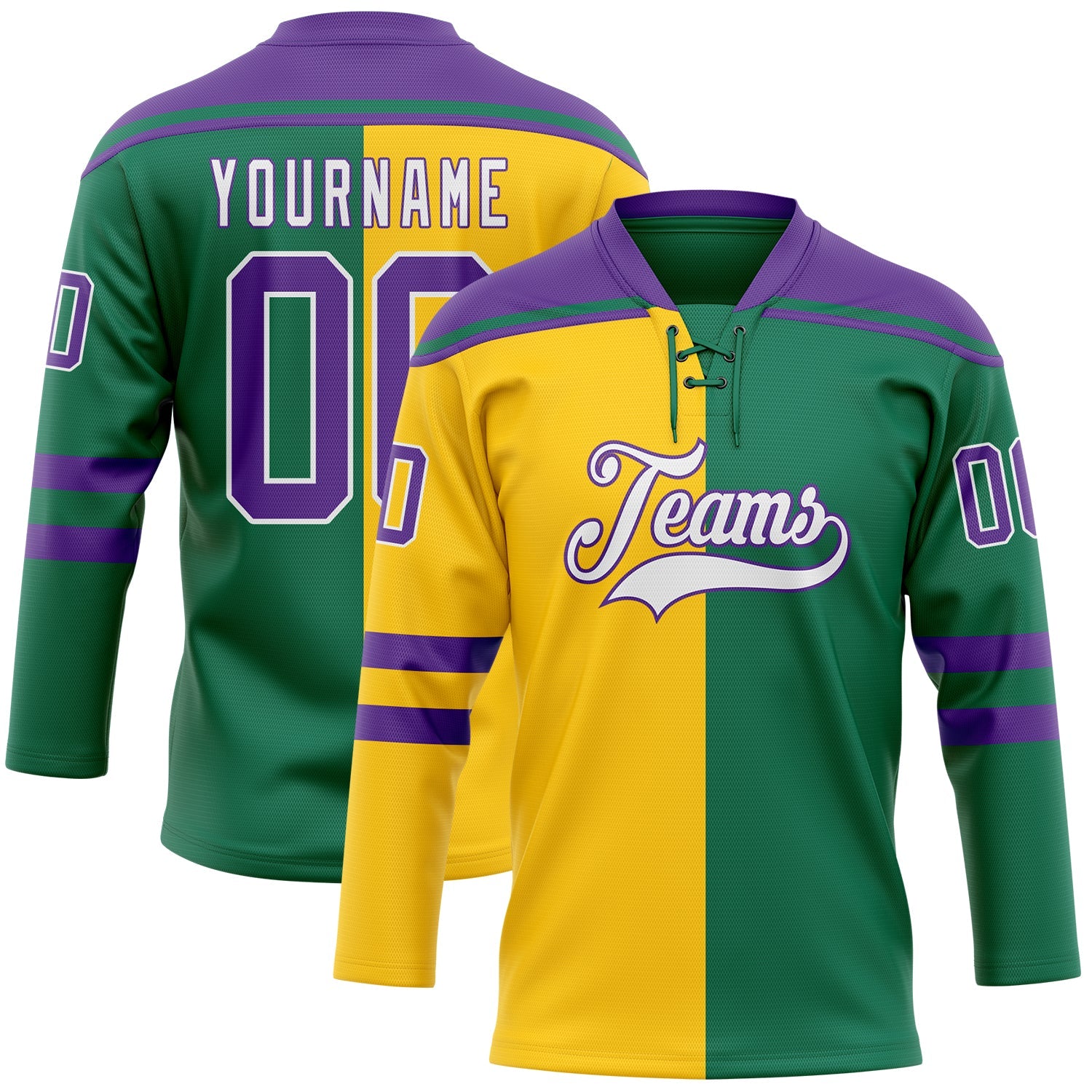 Custom Kelly Green Purple Yellow-White Split Fashion Hockey Lace Neck Jersey