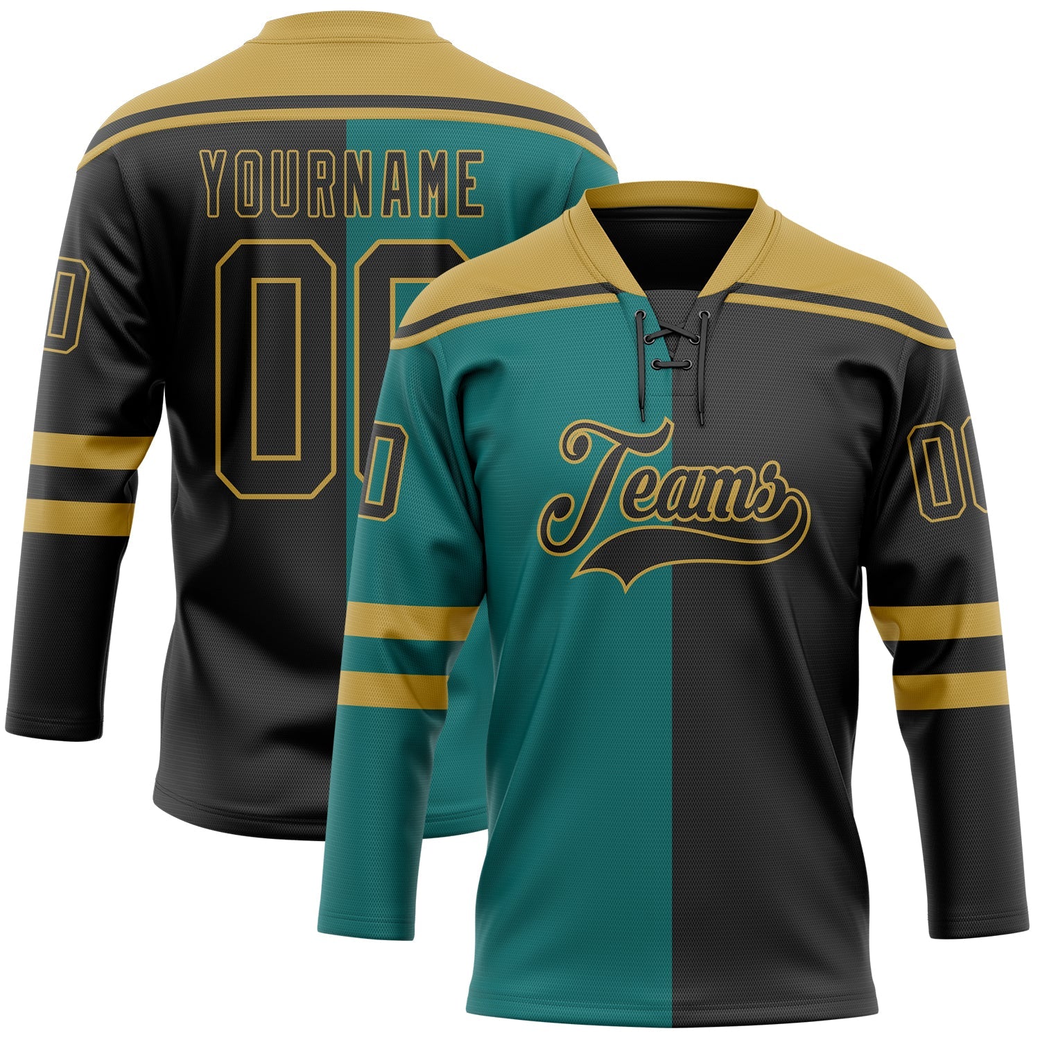 Custom Black Teal-Old Gold Split Fashion Hockey Lace Neck Jersey
