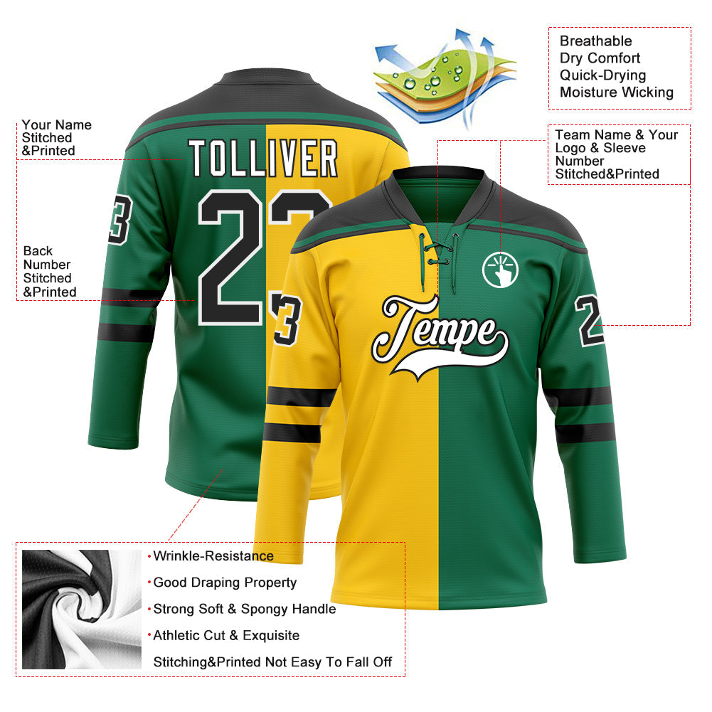 Custom Kelly Green Black Yellow-White Split Fashion Hockey Lace Neck Jersey