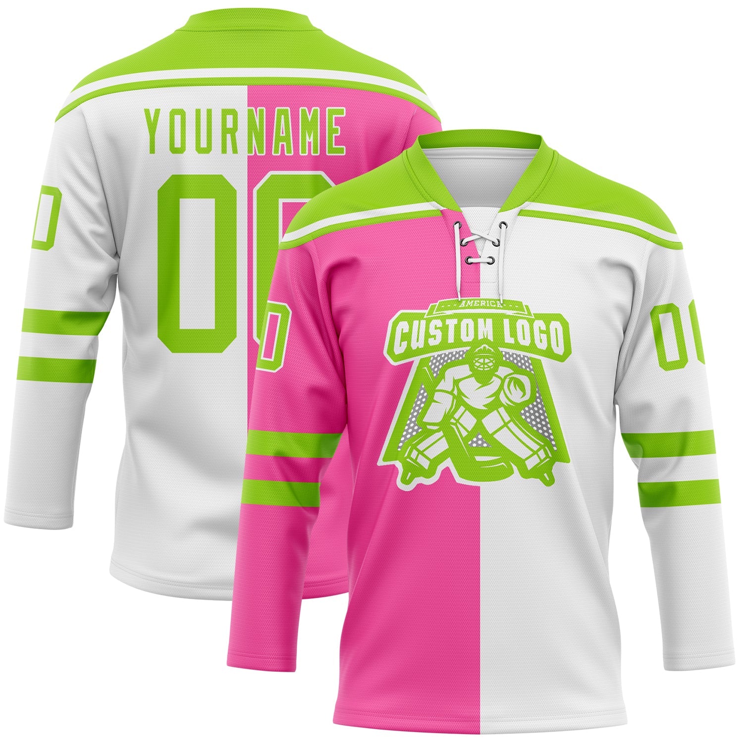 Custom White Neon Green-Pink Split Fashion Hockey Lace Neck Jersey