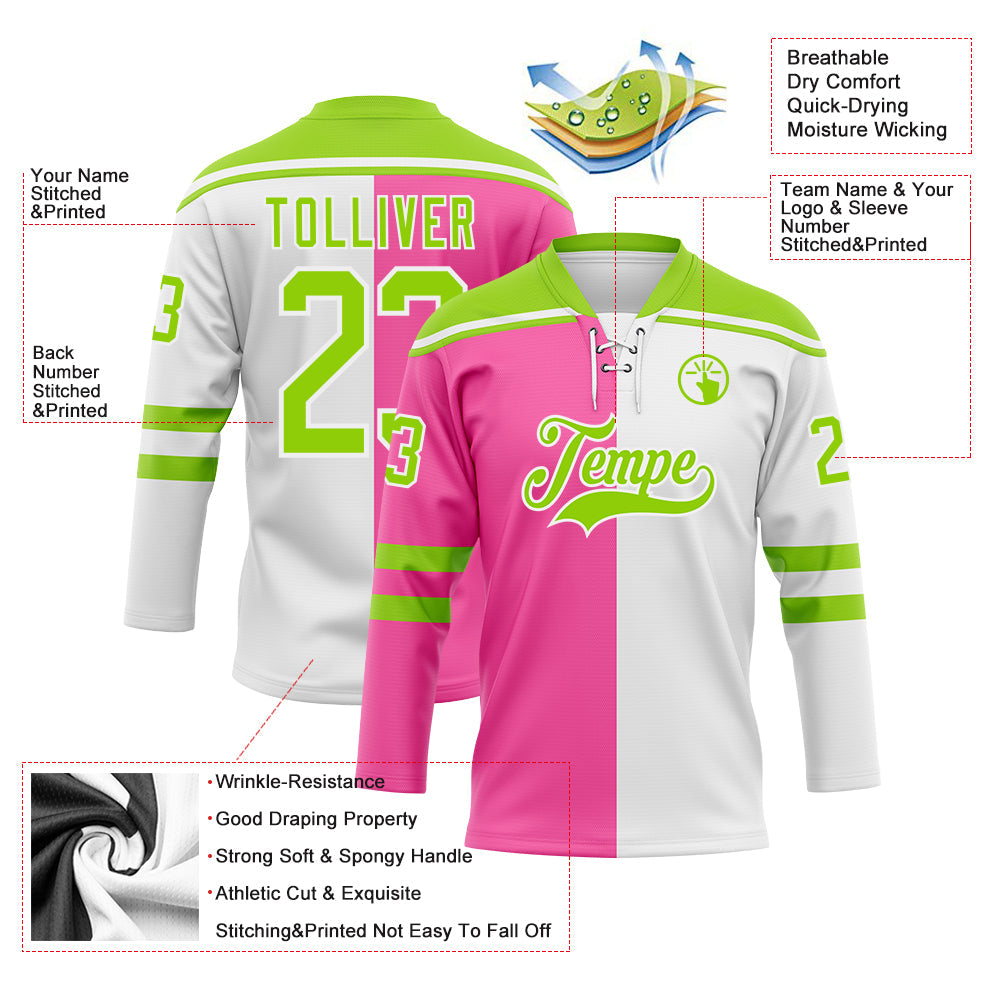 Custom White Neon Green-Pink Split Fashion Hockey Lace Neck Jersey