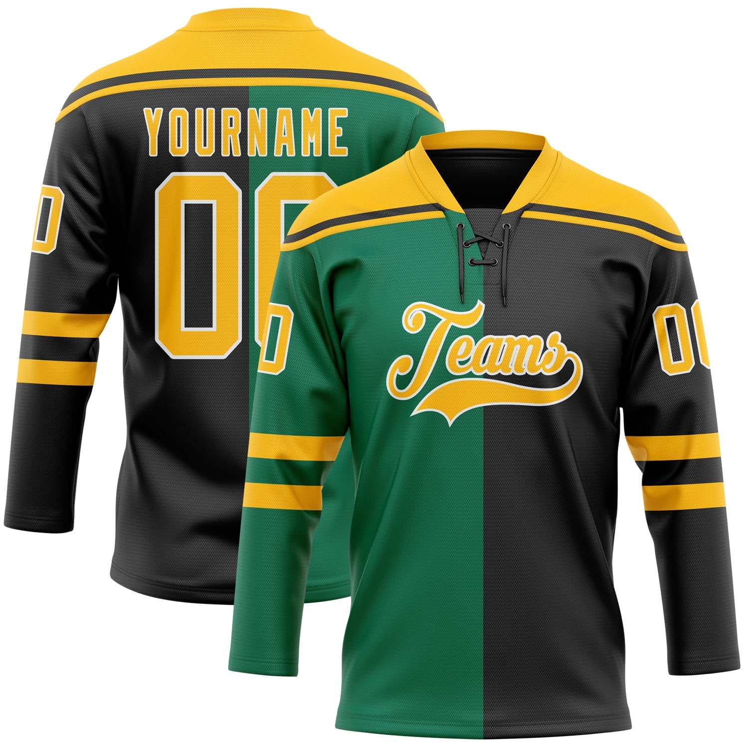 Custom Black Gold Kelly Green-White Split Fashion Hockey Lace Neck Jersey