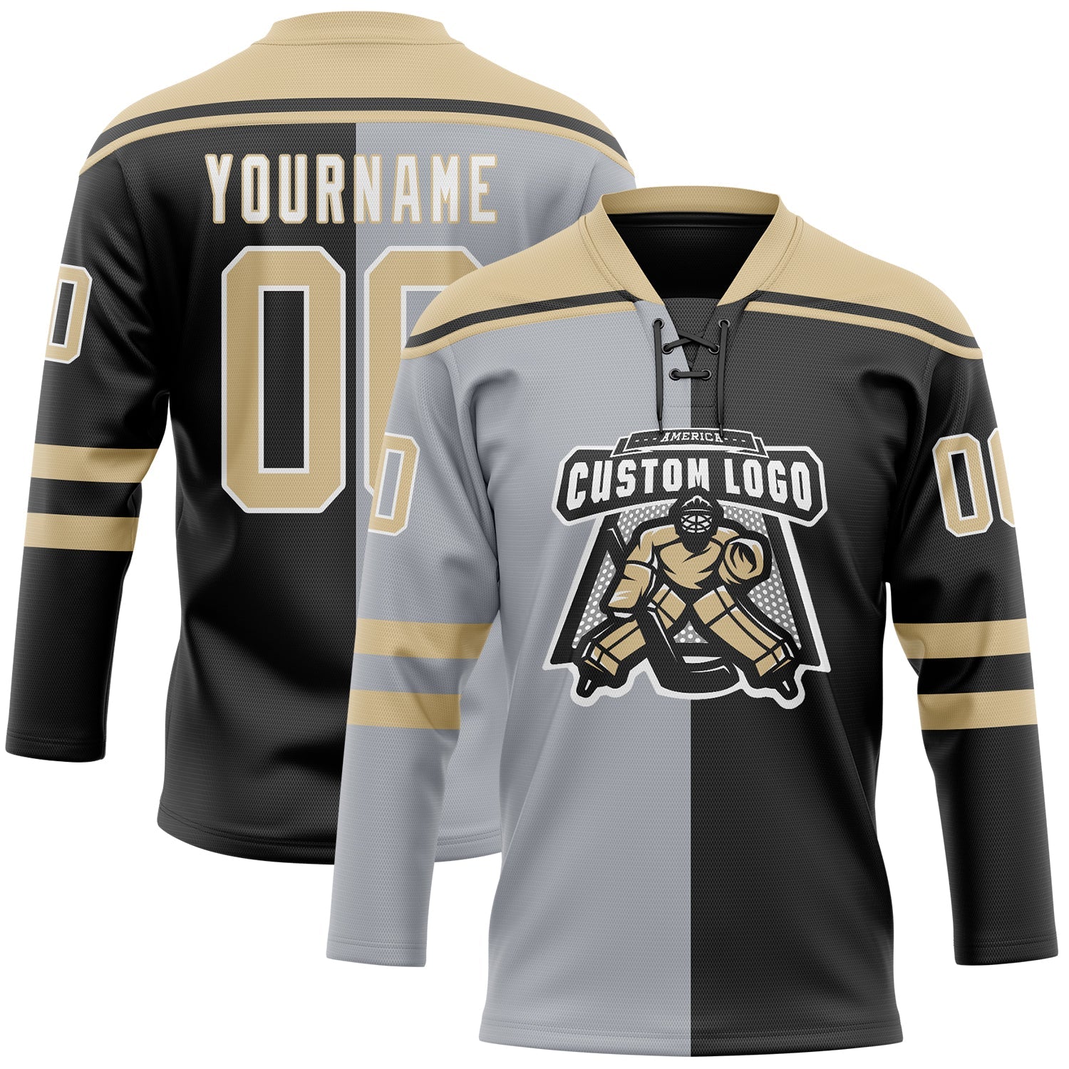 Custom Black Vegas Gold Gray-White Split Fashion Hockey Lace Neck Jersey