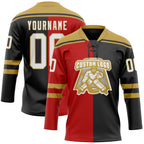Custom Black White Red-Old Gold Split Fashion Hockey Lace Neck Jersey