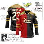 Custom Black White Red-Old Gold Split Fashion Hockey Lace Neck Jersey