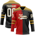 Custom Black White Red-Old Gold Split Fashion Hockey Lace Neck Jersey
