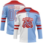 Custom Light Blue Red-White Split Fashion Hockey Lace Neck Jersey