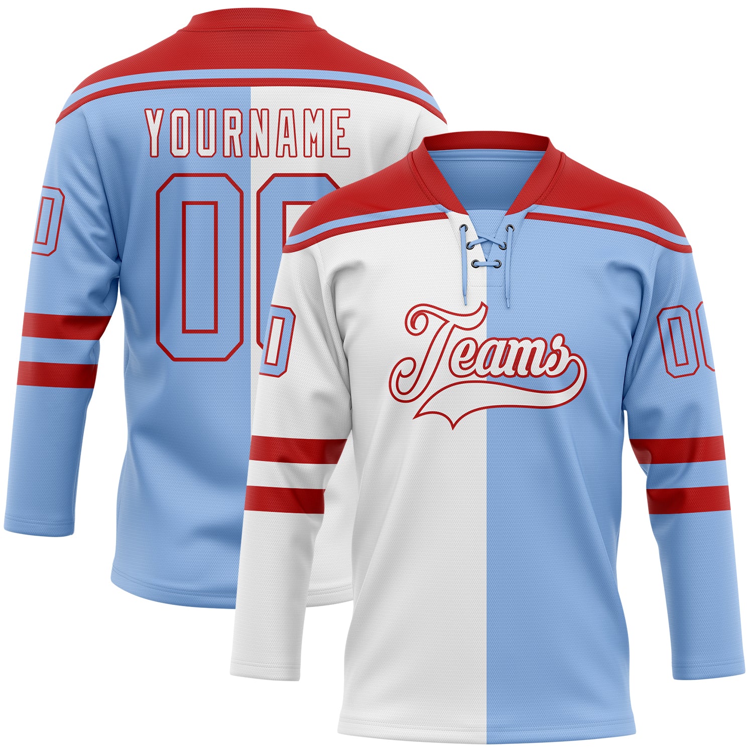 Custom Light Blue Red-White Split Fashion Hockey Lace Neck Jersey