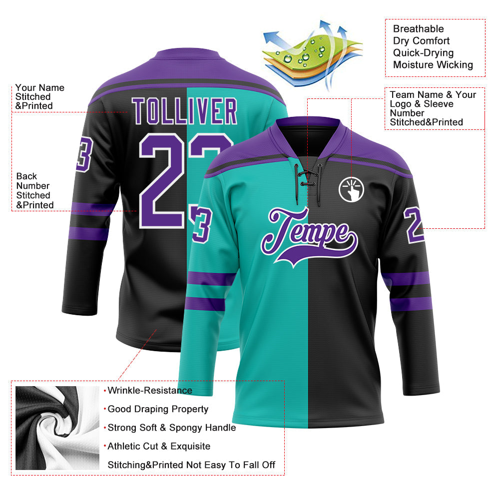 Custom Black Purple Aqua-White Split Fashion Hockey Lace Neck Jersey