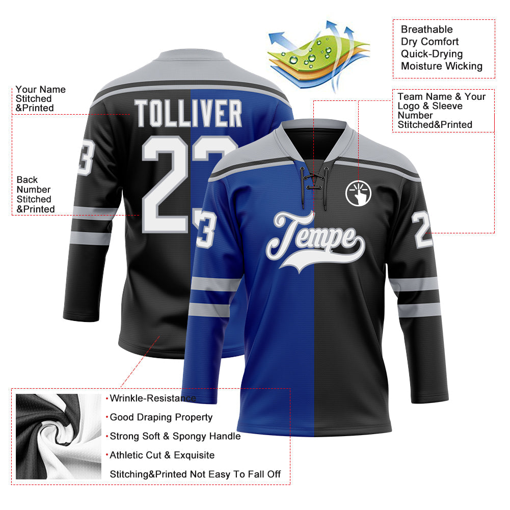 Custom Black White Royal-Gray Split Fashion Hockey Lace Neck Jersey