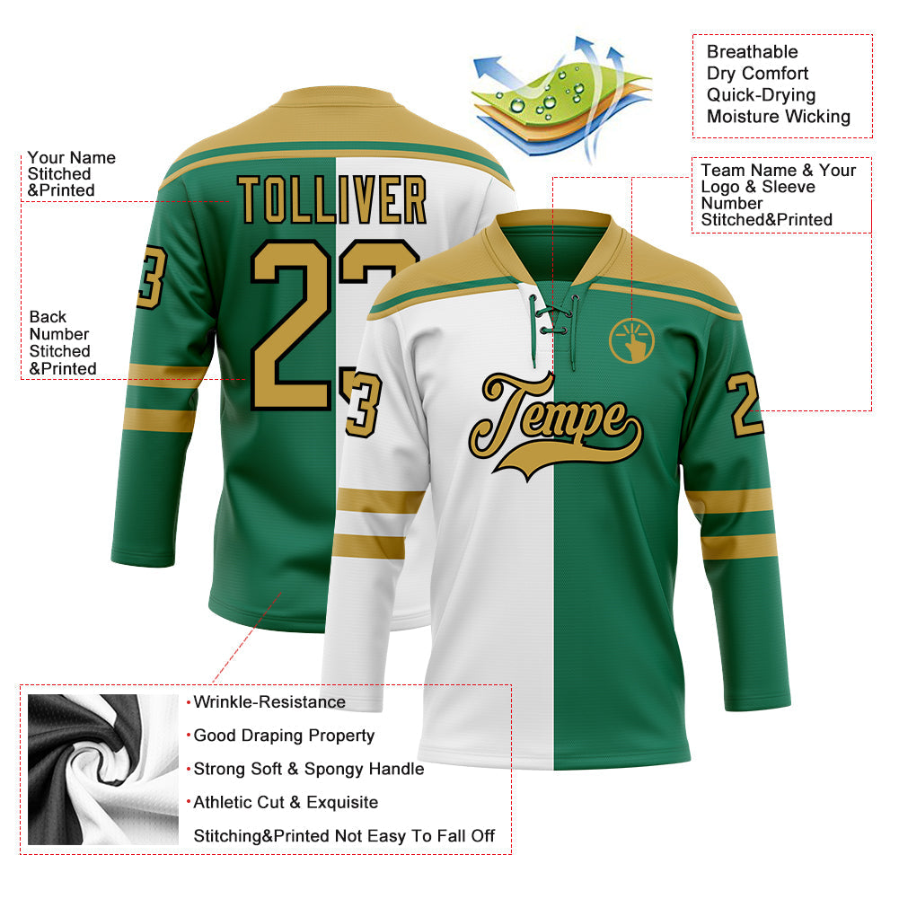 Custom Kelly Green Old Gold Black-White Split Fashion Hockey Lace Neck Jersey