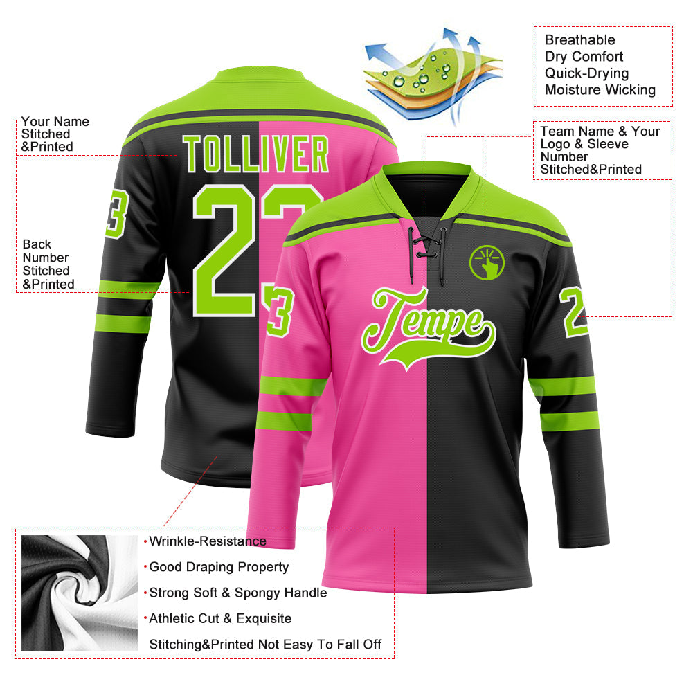 Custom Black Neon Green Pink-White Split Fashion Hockey Lace Neck Jersey