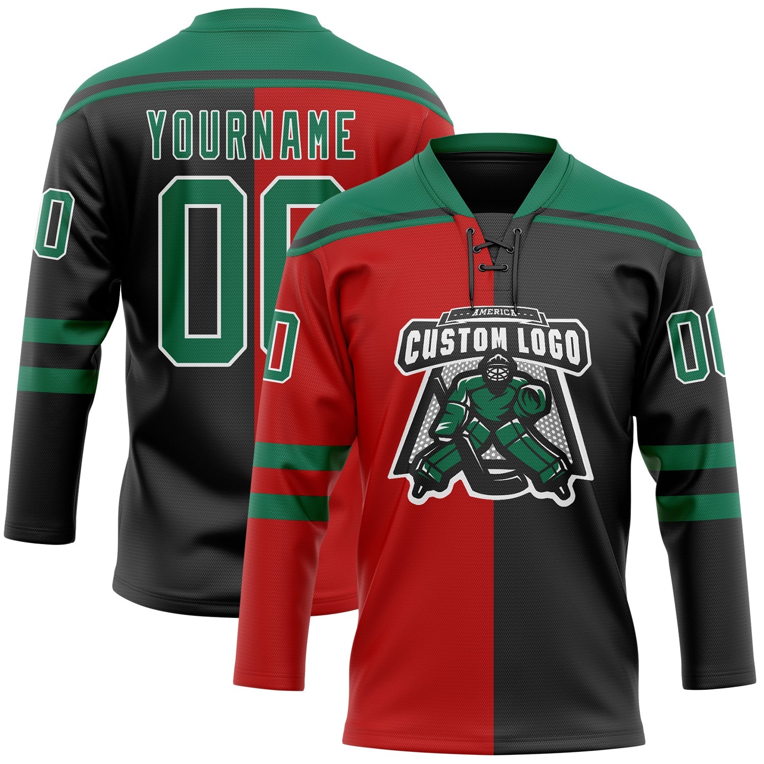 Custom Black Kelly Green Red-White Split Fashion Hockey Lace Neck Jersey