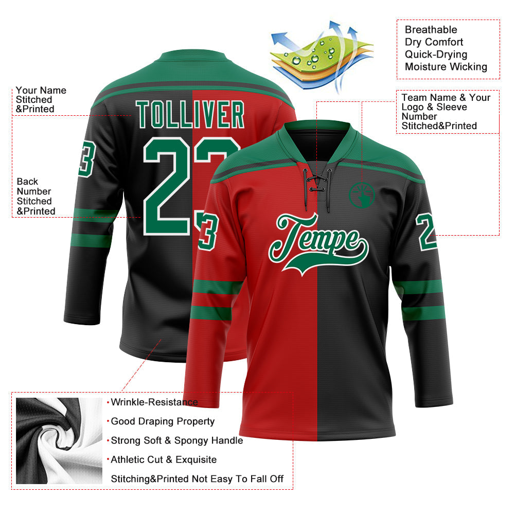 Custom Black Kelly Green Red-White Split Fashion Hockey Lace Neck Jersey