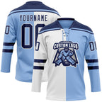 Custom Light Blue Navy-White Split Fashion Hockey Lace Neck Jersey