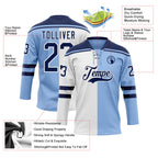 Custom Light Blue Navy-White Split Fashion Hockey Lace Neck Jersey