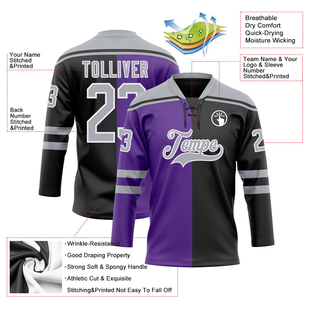Custom Black Gray Purple-White Split Fashion Hockey Lace Neck Jersey