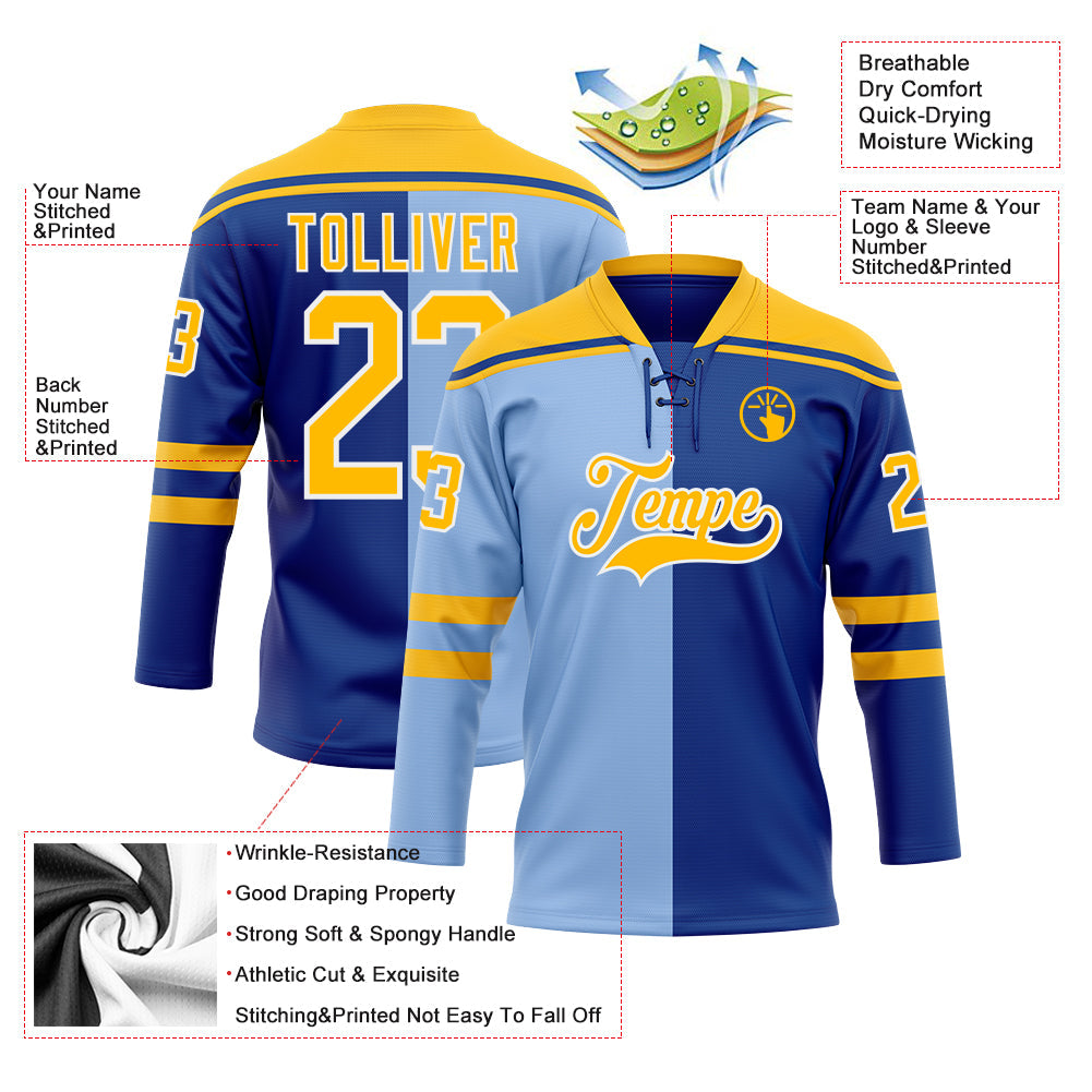 Custom Royal Gold Light Blue-White Red-Royal Split Fashion Hockey Lace Neck Jersey