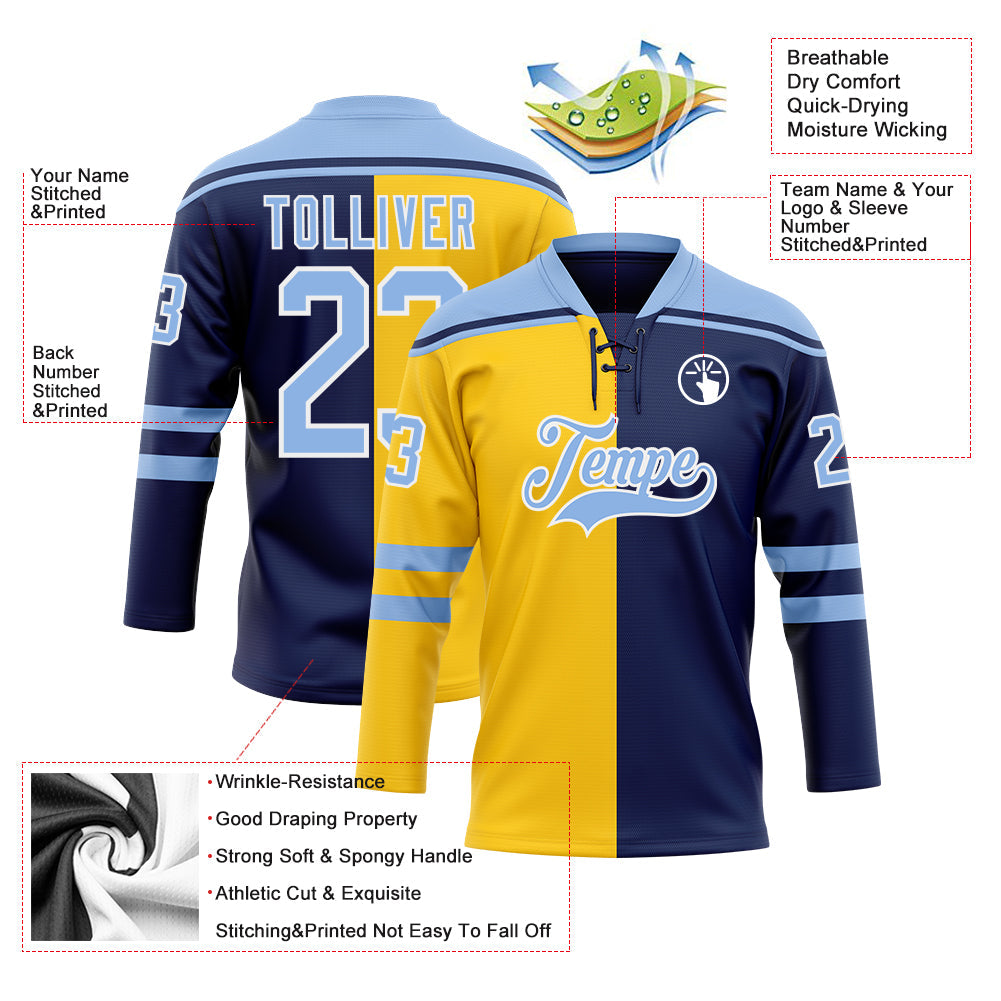 Custom Navy Light Blue Yellow-White Split Fashion Hockey Lace Neck Jersey
