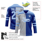Custom Royal Light Blue Gray-White Split Fashion Hockey Lace Neck Jersey