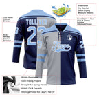 Custom Navy Light Blue Gray-White Split Fashion Hockey Lace Neck Jersey
