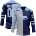Custom Navy Light Blue Gray-White Split Fashion Hockey Lace Neck Jersey