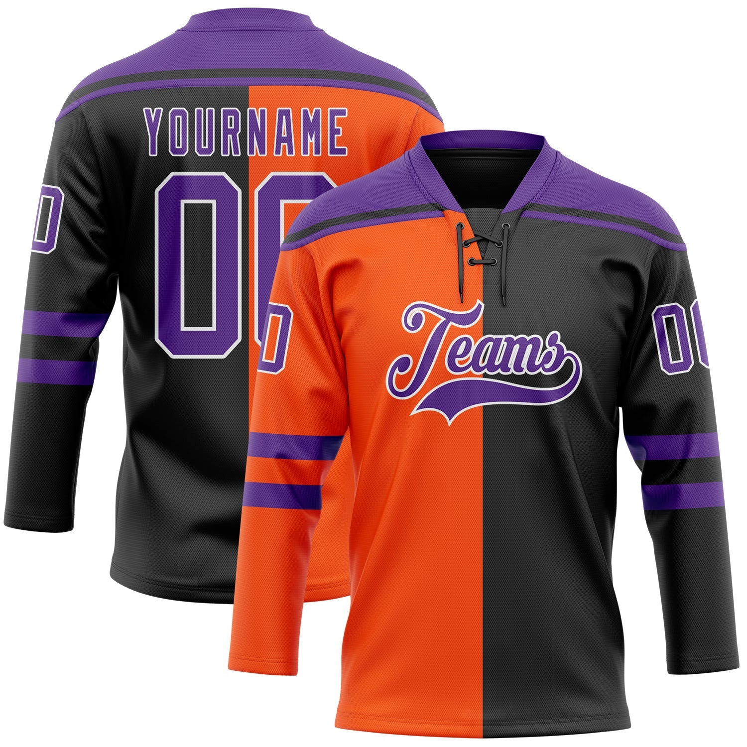Custom Black Purple Orange-White Split Fashion Hockey Lace Neck Jersey