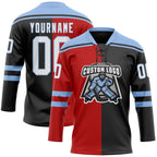 Custom Black White Red-Light Blue Split Fashion Hockey Lace Neck Jersey