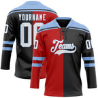 Custom Black White Red-Light Blue Split Fashion Hockey Lace Neck Jersey