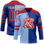 Custom Royal Red Light Blue-White Split Fashion Hockey Lace Neck Jersey